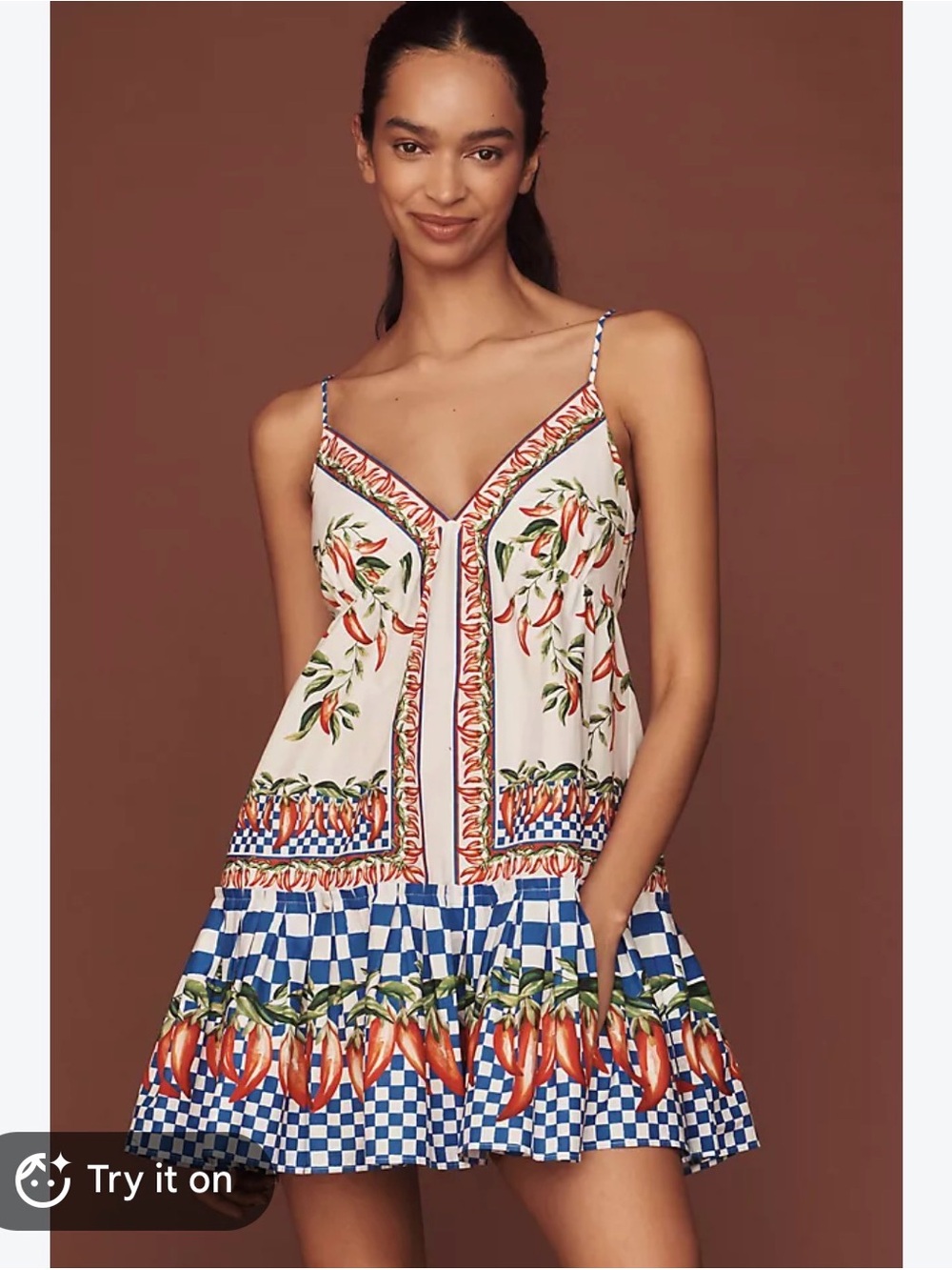 Farm Rio Picnic Peppers Ainika sleeveless v-neck babydoll swing mini dress